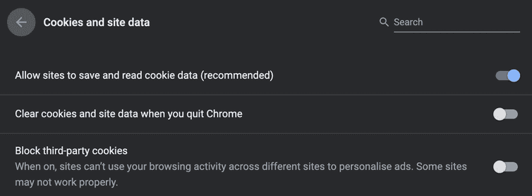 Chrome cookie setting